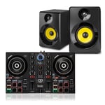 VONYX Home DJ Setup, SMN40B Powered Speakers and Hercules Inpulse 200 USB 2-Deck Mixer Controller with Built-in Soundcard, Pads, DJUCED Software Package