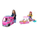 Barbie Camping-Car Transformable, avec 7 Zones de Jeu Et 60 Accessoires Inclus, Comprend Toboggan & Coffret Bateau De Rêve avec 6 Zones De Jeu Dont La Piscine Et Le Toboggan De
