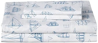 Nautica - Ensemble de draps pour Grand lit, Ensemble de literie en Percale de Coton, Gracieuse et fraîche, légère et Respirante (Voile de Bois Blanc, Bleu, 4 pièces, Grand lit)