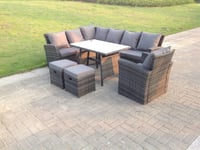High Back Rattan Corner Sofa Set Outdoor Furniture Rectangular Dining Table 2 Small Footstools 9 Seater