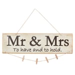 AHANDMAKER Wooden Mr & Mrs Hanging Sign Wall Decorations Sign BurlyWood Mr & Mrs Photo Wall Wedding Hanging Board with Hemp String and Photo Pegs for Wedding Holiday Decor, 15.79×4.72×0.20 Inches