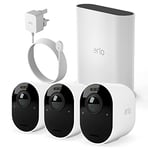 Arlo Ultra 2 Outdoor Smart Home Security Camera CCTV System and FREE Outdoor Power Cable bundle, 3 Camera kit, white, With Free Trial of Arlo Secure Plan