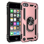 For iPod Touch 7 Case, iPod Touch 5 Case, iPod Touch 6 Case Armor Dual Layer Protective Silicone Shockproof Tough Hard Cover with 360 Ring Grip Kickstand Cover for iPod Touch 7/6/5 (Rosegold)