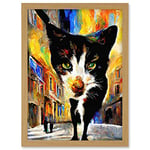 Doppelganger33 LTD Black Street Cat Walking Bright Neighbourhood Night Artwork Framed A3 Wall Art Print