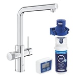 GROHE Blue Pure Minta Kitchen Sink 3 Ways Mixer Tap with Under Sink Water Filter Activated Carbon Filter Starter Set (High L-Spout 150°, Capacity 1500 L, Tails 3/8 Inch, Easy to fit), Chrome