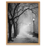 Snow Covered Street in the Misty Glow of Light Posts Atmospheric Black and White Photograph Winter Scene Art Print Framed Poster Wall Decor 12x16 inch
