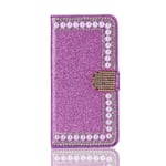 Samsung Galaxy A20e Phone Case, 3D Glitter Gems Peals Sparkle Bling Cover Shock-Absorption Flip PU Leather Protective TPU Bumper with Magnetic Stand Card Holder Slots for Girls Women purple