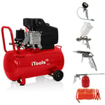 Itools - Compresseur d'air à huile 8 bar 50L 115 psi Silencieux 2CV 1.5KW + Kit 5 accessoires air comprimé red