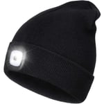 Uppladdningsbar LED-ljusad mössa, perfekt julklapp till pappa, mössa med pannlampa unisex vintervarm stickad mössa Black