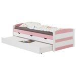 Lit gigogne jessy lit enfant fonctionnel avec tiroir-lit et rangements 3 tiroirs, couchage 90 x 200 cm, pin massif lasuré blanc/rose - Blanc/Rose