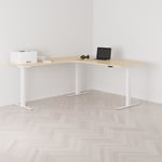 Höj och sänkbart hörnskrivbord, vänstersvängt, vitt stativ, björk bordsskiva 180x200cm