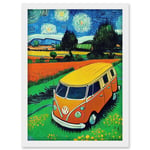 Hippie Van In Meadow Under Starry Night Painting Van Gogh Artwork Framed Wall Art Print A4