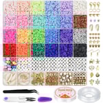 6000 st Lerlera Pärlor för Armband, 24 Färger Platta Runda Polymerlera Pärlor 6mm Distans Heishi Pärlor med Hänge Charms Kit och Elastiska Snören