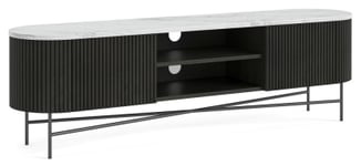 Piano Black Fluted Wood and Marble Top Extra Large Curved TV Unit, 180cm Wide for Television Upto 65in Plasma, Made of Mango Wood Ribbed Base and White Marble Top