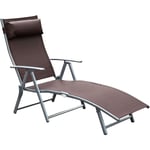 Transat chaise longue bain de soleil pliable dossier inclinable multi-positions têtière fournie 137L x 64l x 101H cm métal époxy textilène marron