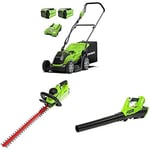 Greenworks 40V 35cm mower, headge, blower with 2x2Ah Battery/charger