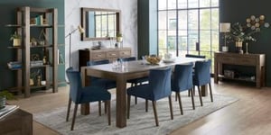Bentley Designs Turin Dark Oak 6-10 Seater Extending Dining Table with 8 Low Back Chairs in Dark Blue Velvet