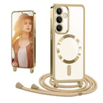 CaseLover Coque avec Cordon pour Samsung Galaxy A25 5G, Coque Magnétique de Cellulaire Corde Transparent TPU Étui en Galvanisé avec Réglable Collier Téléphone Chaîne Lanyard Housse pour A25, Or