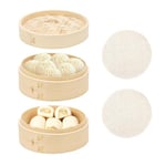 BULZEU Panier Vapeur en Bambou à 2 Étages, Ø 15CM Cuiseur Vapeur Bambou avec 2 Chiffons en Coton Utilisé pour Les boulettes, Le Riz, Les collations, Les légumes, Le Poisson et la Viande