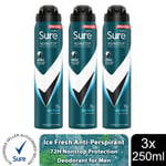 Sure Men Antiperspirant 72H Nonstop Protection Invisible Ice Advance Deo 3x250ml