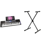 RockJam 61 Key Keyboard Piano with Pitch Bend, Power Supply, Sheet Music Stand, Piano Note Stickers & Simply Piano Lessons and PURE GEWA FX F900520 Keyboard Stand,Black