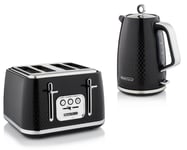 Swan Elegance Kettle & 4 Slice Toaster Textured Black Gloss Finish Chrome Trim