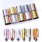 10 Rullar Metallic Färgade Holografiska Nagelfoljeöverföringsklistermärkesrullar, Mix-Mönster Nagelkonstklistermärken, Wraps Dekaler Stjärnhimmel Manikyr Set, Guld