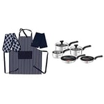 Tefal 5 Piece, Comfort Max, Stainless Steel, Pots and Pans, Induction Set with Penguin Home Apron, Double Oven Glove and 2 Kitchen Tea Towels Set - NAVY/White