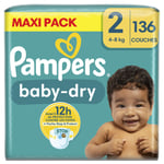 Couches Bébé Baby-dry 4 - 8 Kg Taille 2 Pampers - Le Pack De 136 Couches