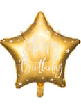 Grattis på födelsedagen! - Stjärnformad guldfärgad folieballong med vit bokstäver 40 cm