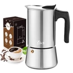 LIBWYS 7-in-1 Stovetop Coffee Maker Set 300 ml/6 Cups Food-Grade Stainless Steel Moka Pot Espresso Maker with Coaster Bag Extra Silicone Gasket Seal Spoon Brush Instruction