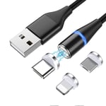 NÖRDIC USB2.0 Magnetisk kabel 3i1 Lightning (ikke MFI) USB-C Micro USB 1m3A svart