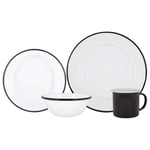 Argon Tableware 16 Piece White Enamel Dinner Set - Metal Outdoor Camping Plates Bowls Mugs for 4 - Black