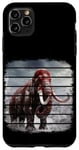 Coque pour iPhone 11 Pro Max Mammouth laineux rétro noir et rouge sur neige, nuages, art.
