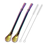 Stainless Steel Drinking Straws with Filter Spoon, 2 Pack Tea Straws, Mate Bombilla, Coffee Stirrer Stick for Iced Tea, Cocktail, with 2 Cleaning Brush (Colorful)