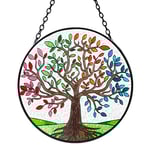 Tuitessine Arbre de vie en vitrail attrape-soleil sur le thème des quatre saisons - Feuilles colorées - Décoration murale à suspendre - Panneau de verre peint à la main - Cadeau pour femme - Cadeau de