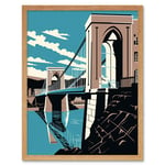 Clifton Suspension Bridge Tan Brown Blue Linocut Art Print Framed Poster Wall Decor 12x16 inch