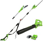 Greenworks 24V pole-saw and hedge 2-in-1, blower with 2Ah battery/charger