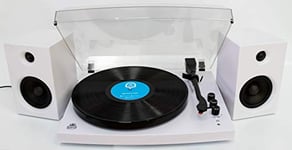 GPO Piccadilly Retro Bluetooth 3-Speed Turntable, Record Player with Pitch, Volume Control, Auto Stop Function, Perspex Lid and External Speakers,White