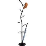 Idimex Porte-manteaux triana portant à vêtements sur pied en forme d'arbre avec 6 crochets et un porte parapluie, métal laqué noir bois - Noir