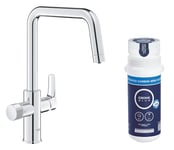 GROHE Blue Pure Start - Starter Kit for Filtered Water (Kitchen Sink Tap, High U-Shape, 150° Swivel Spout, Under-Sink Activated Carbon Filter Set, Tail 3/8 Inch), Size 366 mm, Chrome, 30596000