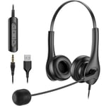 USB Headset with Microphone Noise Cancelling 3.5mm Computer Headset with in-Line Call Control, Comfort-fit 300 Degree Boom Mic Headset with Microphone for Laptop, PC, Call Center, Skype, Zoom