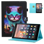 Case for All-New Kindle Fire 7 Inch Tablet(9th/7th/5th, 2019/2017/2015), UGOcase Dropproof PU Leather Anti-Slip Fold Auto Sleep Wake Wallet Cover for Kindle Fire 7 2019 2017 2015 Release - Night Cat