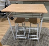Compact Duo Stool Breakfast Bar Table Ensemble with Storage Shelf and Footrests