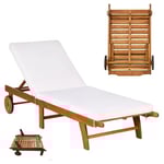 GOPLUS Bain de Soleil Pliante en Bois d'Ecualyptus, Transat Jardin Extérieur avec Dossier Réglable 6 Positions, 2 Roues, 195 x 68 x 30-90 CM, Coussin Amovible, Idéal pour Balcon, Terrasse, Piscine