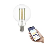 EGLO connect.z Smart Home E27 LED filament light bulb, G80, ZigBee, app and voice control, dimmable, white tunable light (warm – cool white), 700 lumen, 6 watt, vintage lightbulb transparent