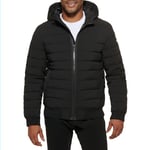 DKNY Men's Quilted Performance Hooded Bomber Jacket Down Alternative Coat, Black Matte Stretch, Small