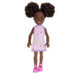 Barbie - Chelsea Doll, Small Doll - Purple Floral Dress With Space Buns & Brown Eyes (HXM96)