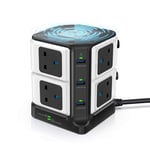 BESTEK Wireless Charging Power Strip Tower, 8 Outlets 1500 Joules Surge Protector 40W 6 Ports USB Charging Dock Station Extension Leads with Individual Switches Light-Sensitive Indicator Light (Black)