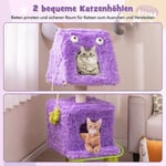 Kattskrapstolpe Liten 111 cm kattträd med monstertema med 2 kattgrottor och avtagbar topp lila